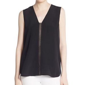 VINCE Silk Perforated Leather-trimmed Top in Large